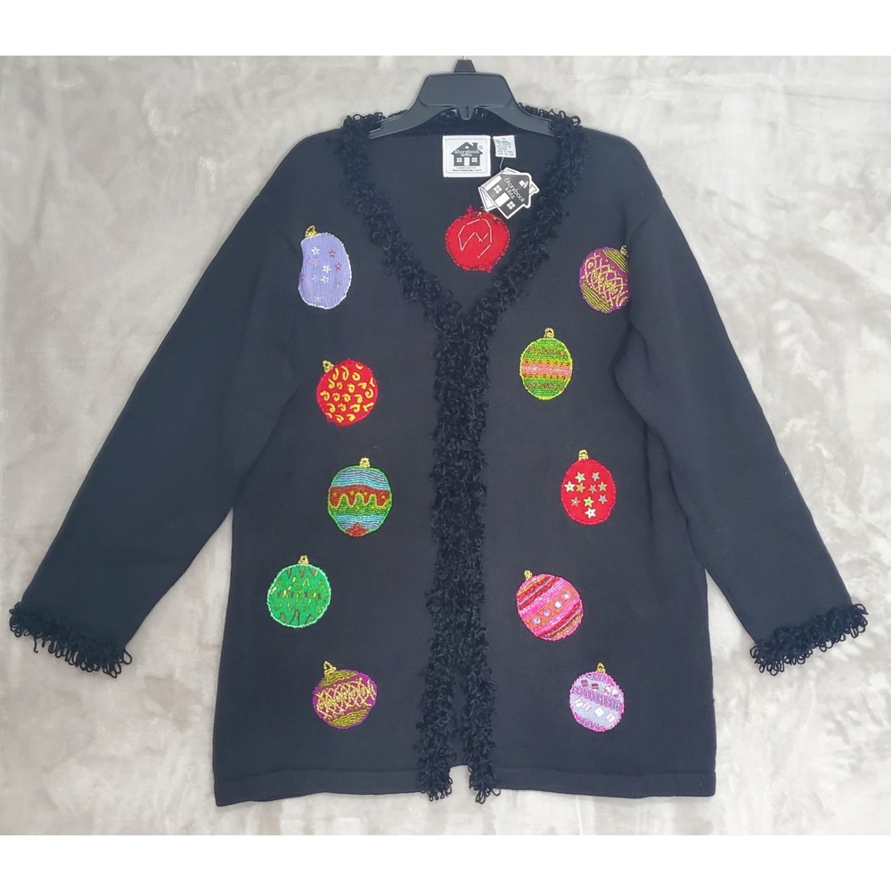 Storybook Knits Cardigan Sweater 1X Black Christmas Ornaments‎ Beads Sequins NWT